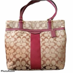 Coach Signature Canvas Tan & Burgundy Tote